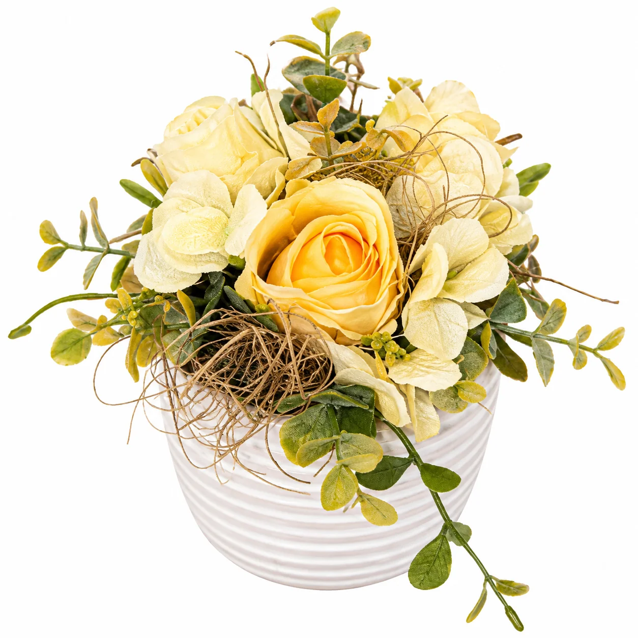 Gesteck gelbe Rosen im Keramiktopf